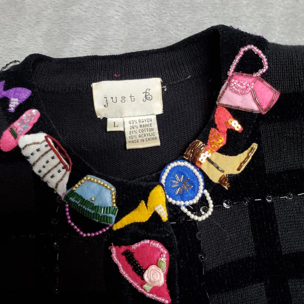 Vintage Just B Fashion Cardigan Sweater L Black Beaded Embellished Novelty - Picture 8 of 16
